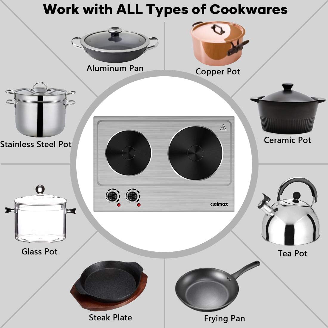 Double Hot Plate Cooktop, 1800W Portable Electric Burner, Cast Iron, Stainless Steel F317