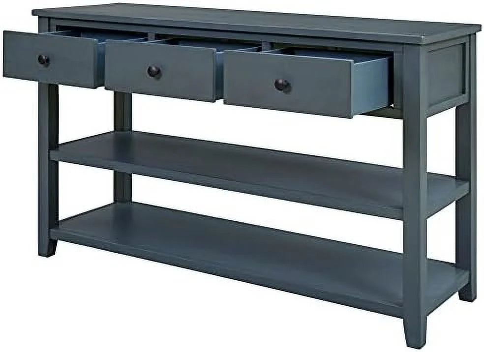 Mid-Century Style Console Table with Three Top Drawers and Two Open Bottom Shelves, Pine Solid Wood Frame and Legs G301268