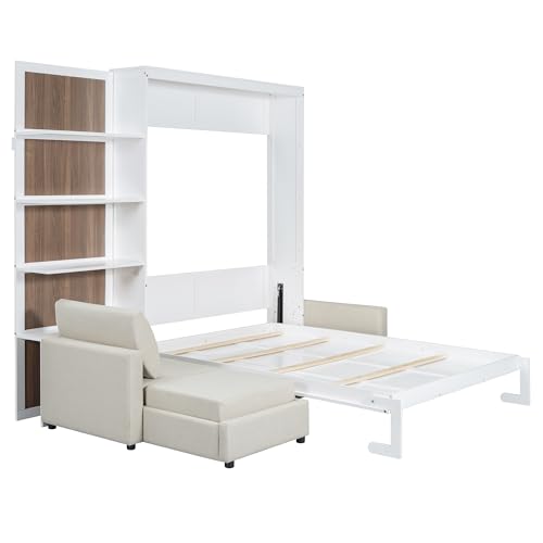 Queen Size Wood Murphy Bed with Sofa and Shelves, White P41270