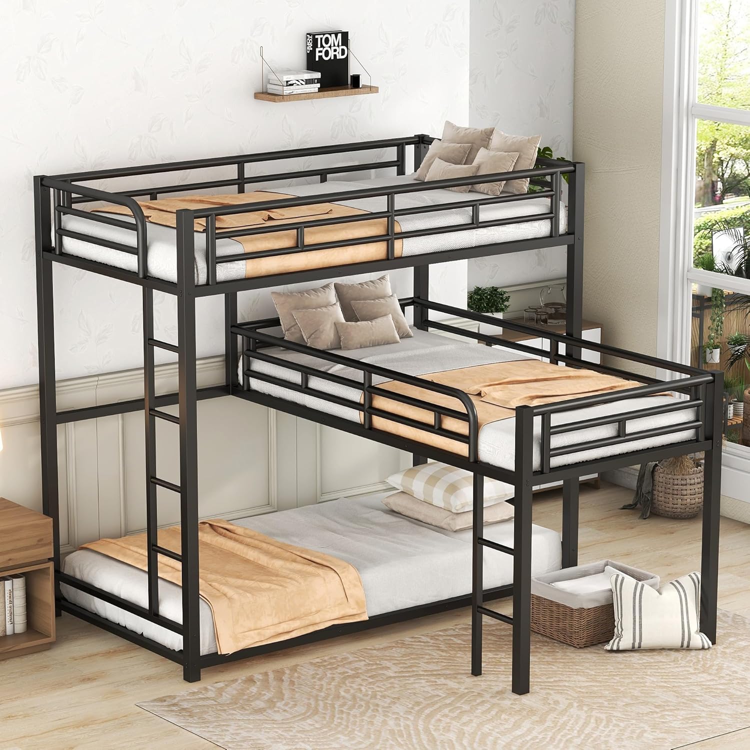 Black L-Shaped Triple Bunk Bed D2092