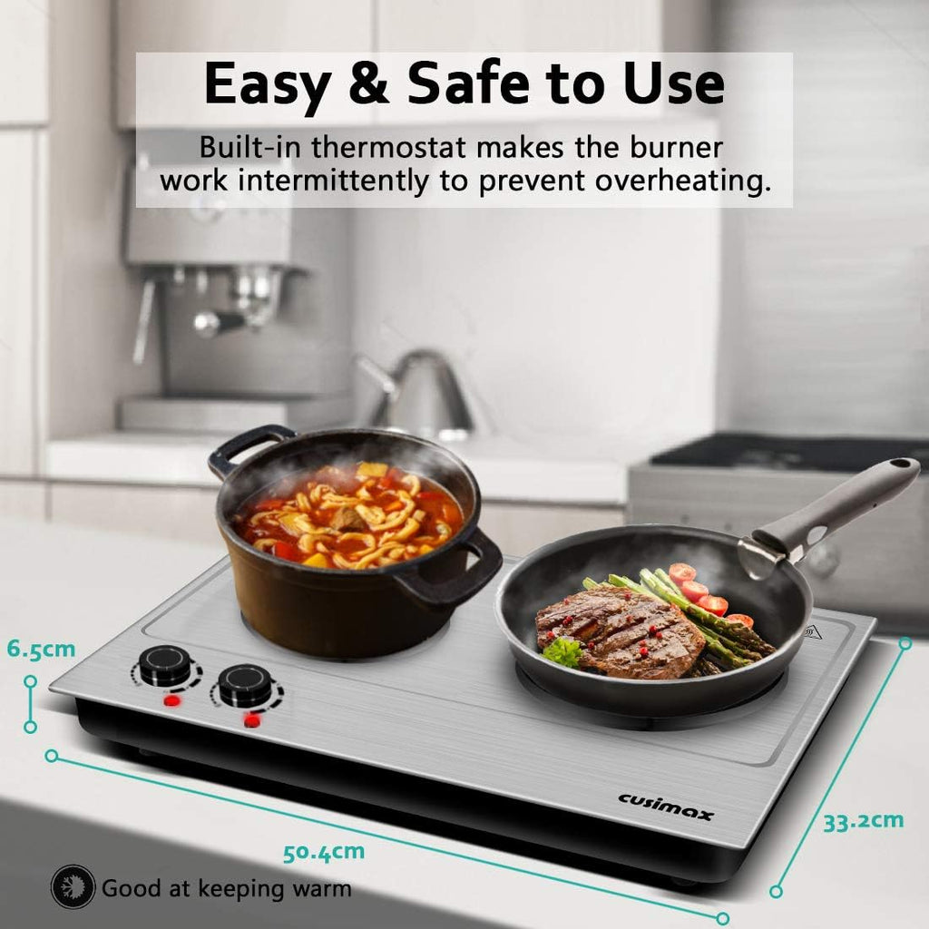 Double Hot Plate Cooktop, 1800W Portable Electric Burner, Cast Iron, Stainless Steel F317