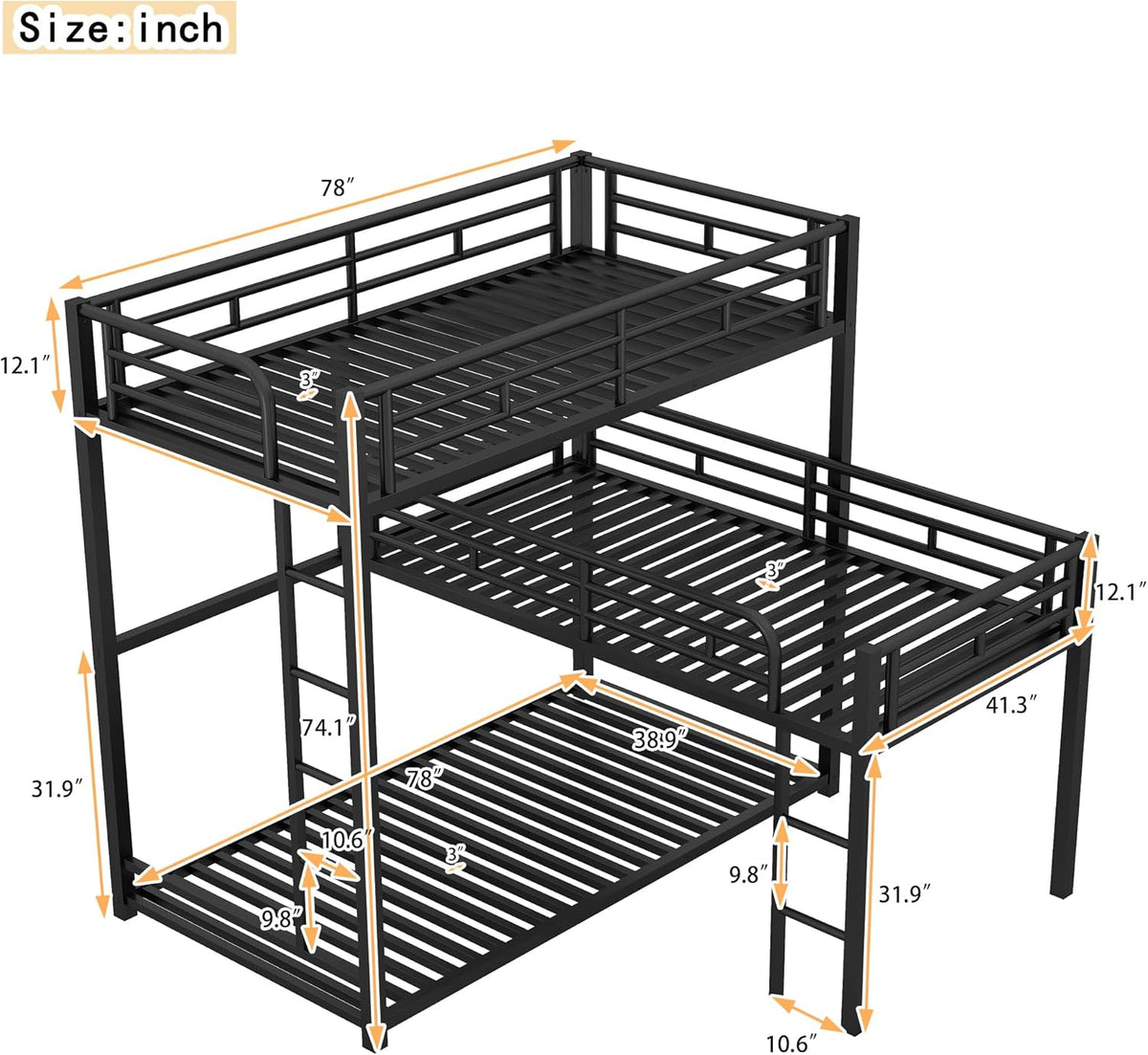 Black L-Shaped Triple Bunk Bed D2092