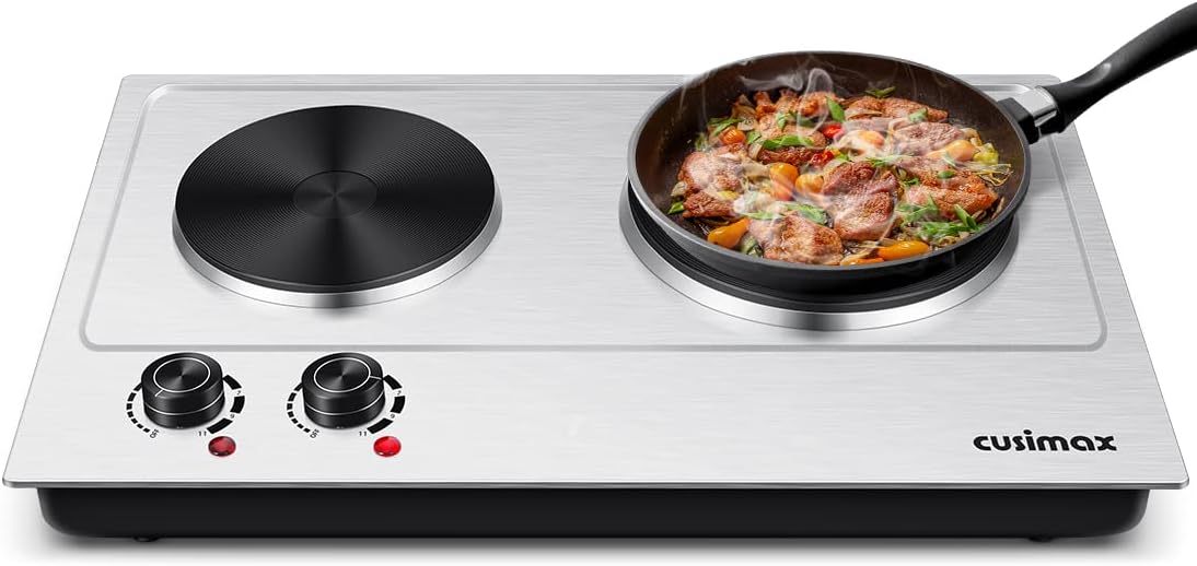 Double Hot Plate Cooktop, 1800W Portable Electric Burner, Cast Iron, Stainless Steel F317