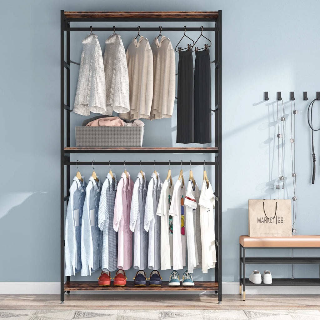 86 inches Double Rod Closet Organizer, Freestanding 3 Tiers Shelves Garment Racks C44652