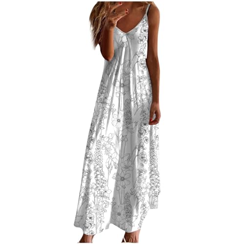 Women Summer Sleeveless Printed Beach Dress Casual V-Neck Long Flowy Boho Dress Q2850