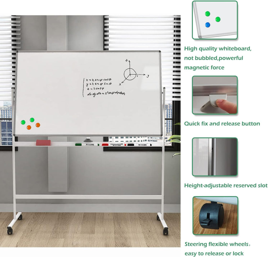 Large Size Double-Sided Magnetic Rolling Whiteboard with Bottom Holder, Black/White Aluminium Frame & Steel Stand G687303