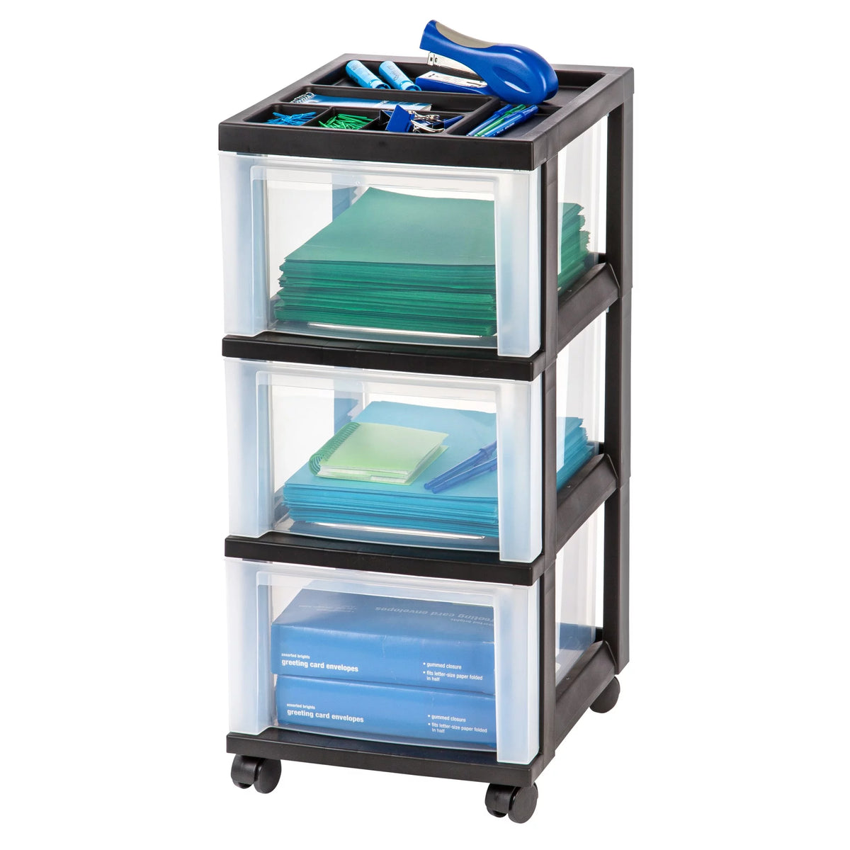 Medium Plastic Storage Cart, 3 Drawers, Black U53526