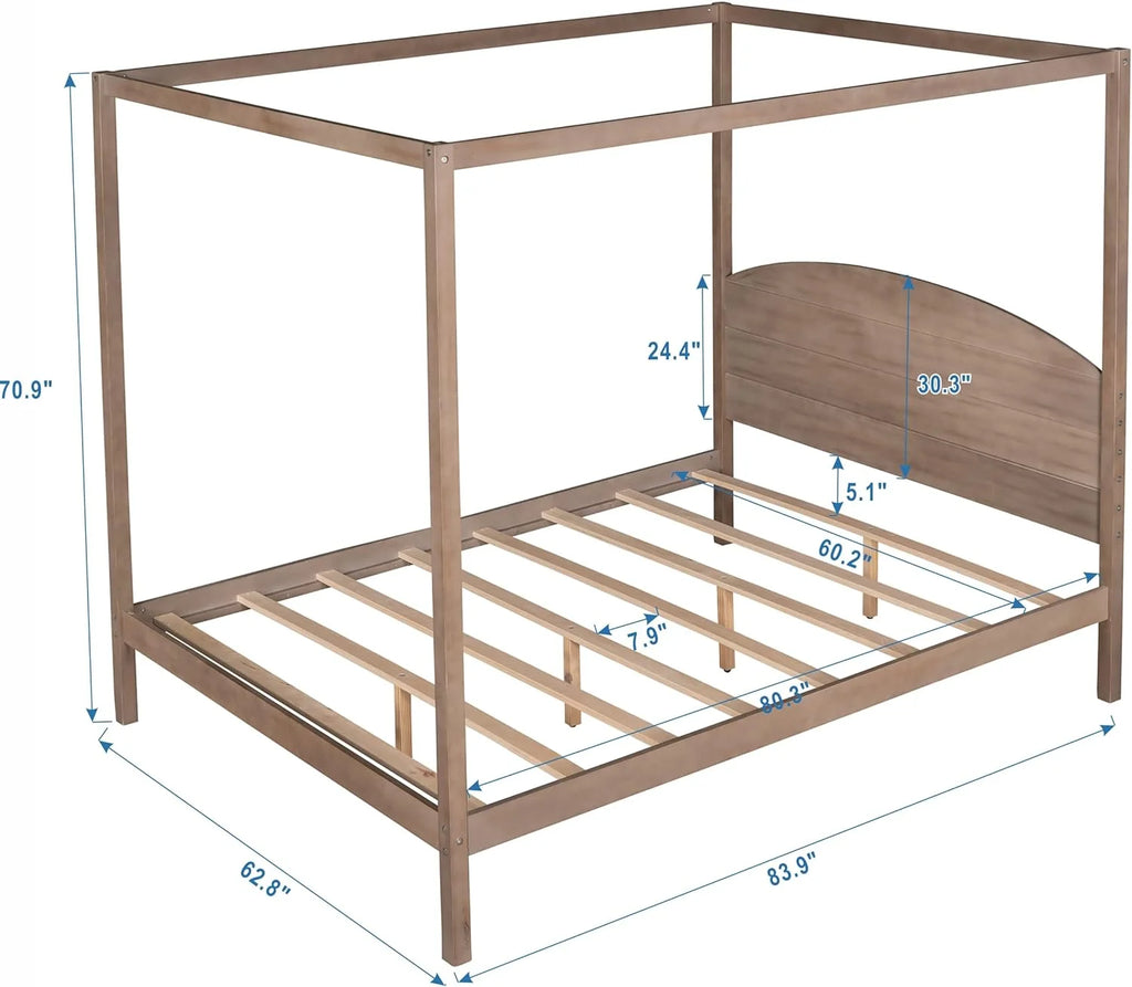 Brown Wash Queen Size 4-Post Canopy Bed Frame A747