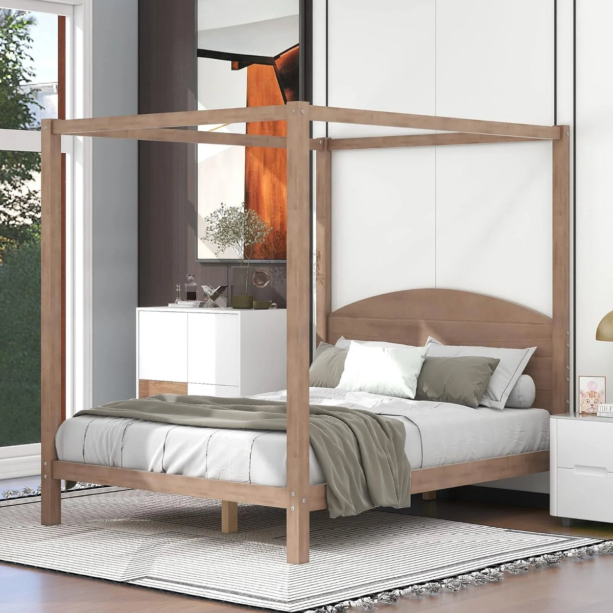 Brown Wash Queen Size 4-Post Canopy Bed Frame A747