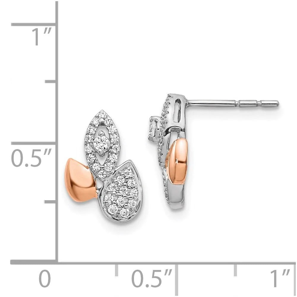 14k Yellow Gold Rose & White Gold Real Diamond Fancy Leaf Earrings B9874