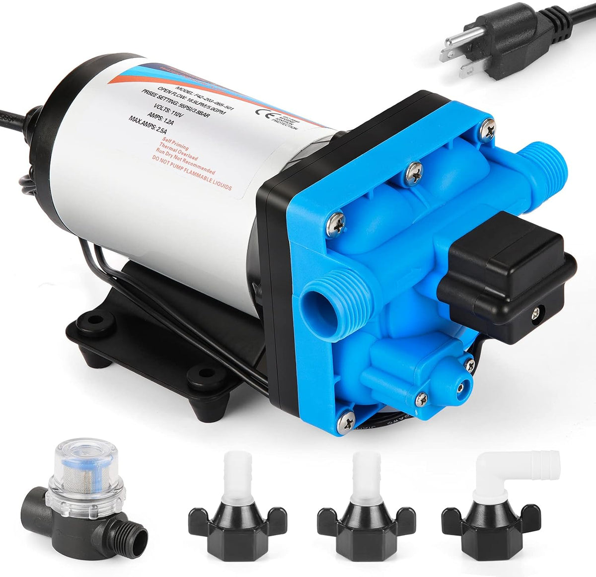 Self Priming Water Pump 110V 5.0GPM 55PSI Diaphragm Pump with Filter N303058