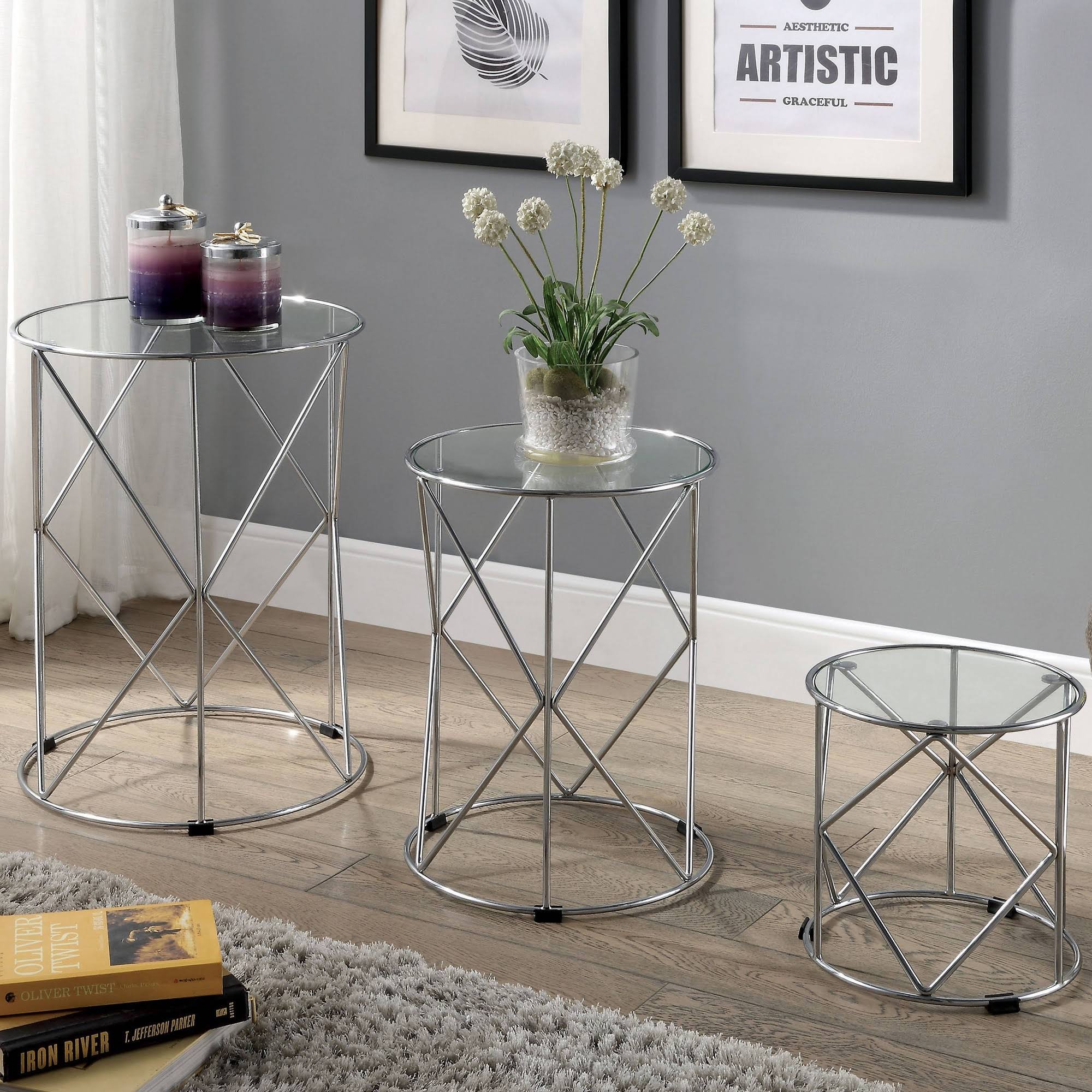 3PC Glass Top Nesting Table Chrome D678