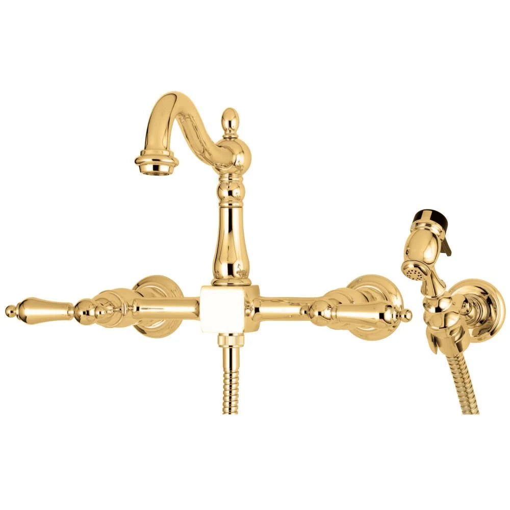 Polished Brass Wall Mount Bridge Kitchen Faucet with Brass Sprayer J53065