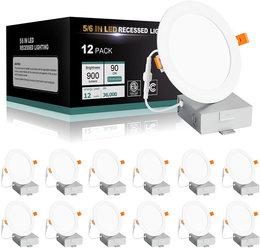 12W 12PACK 900LM Dimmable 5CCT 2700K-5000K Selectable 6 Inch LED Recessed Light U805153