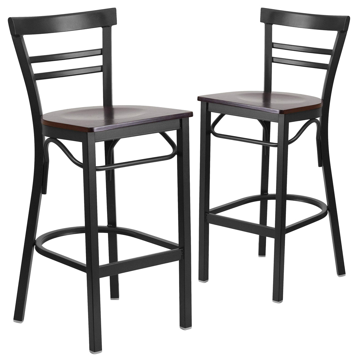 Black Ladder Back Metal Barstool with Walnut Wood Seat O680252