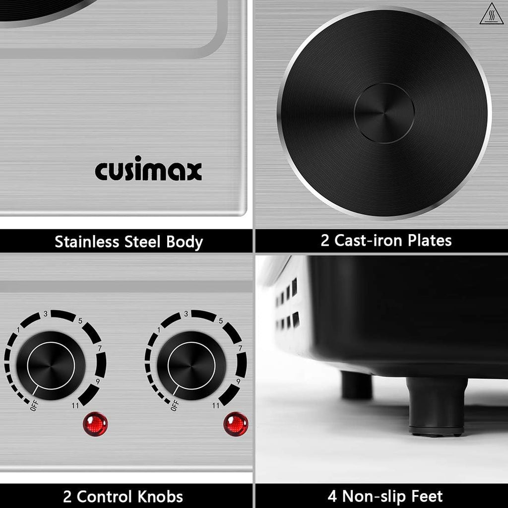 Double Hot Plate Cooktop, 1800W Portable Electric Burner, Cast Iron, Stainless Steel F317