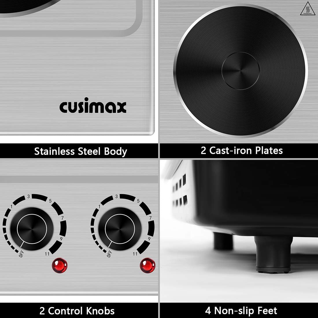 Double Hot Plate Cooktop, 1800W Portable Electric Burner, Cast Iron, Stainless Steel F317