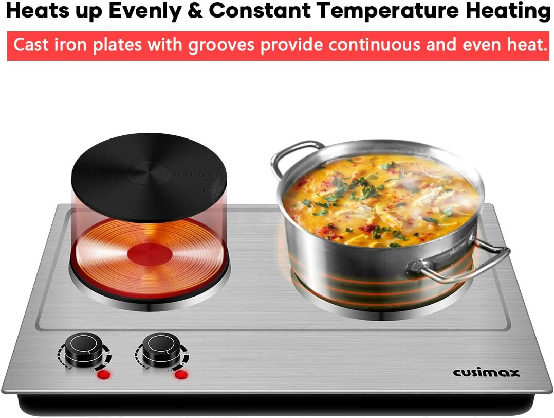 Double Hot Plate Cooktop, 1800W Portable Electric Burner, Cast Iron, Stainless Steel F317