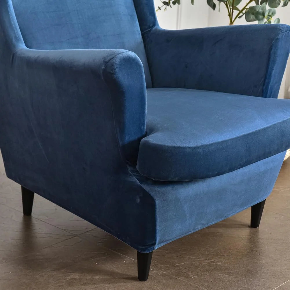 Navy Velvet Stretch Wingback Chair Sofa Slipcover with Elastic Bottom L256