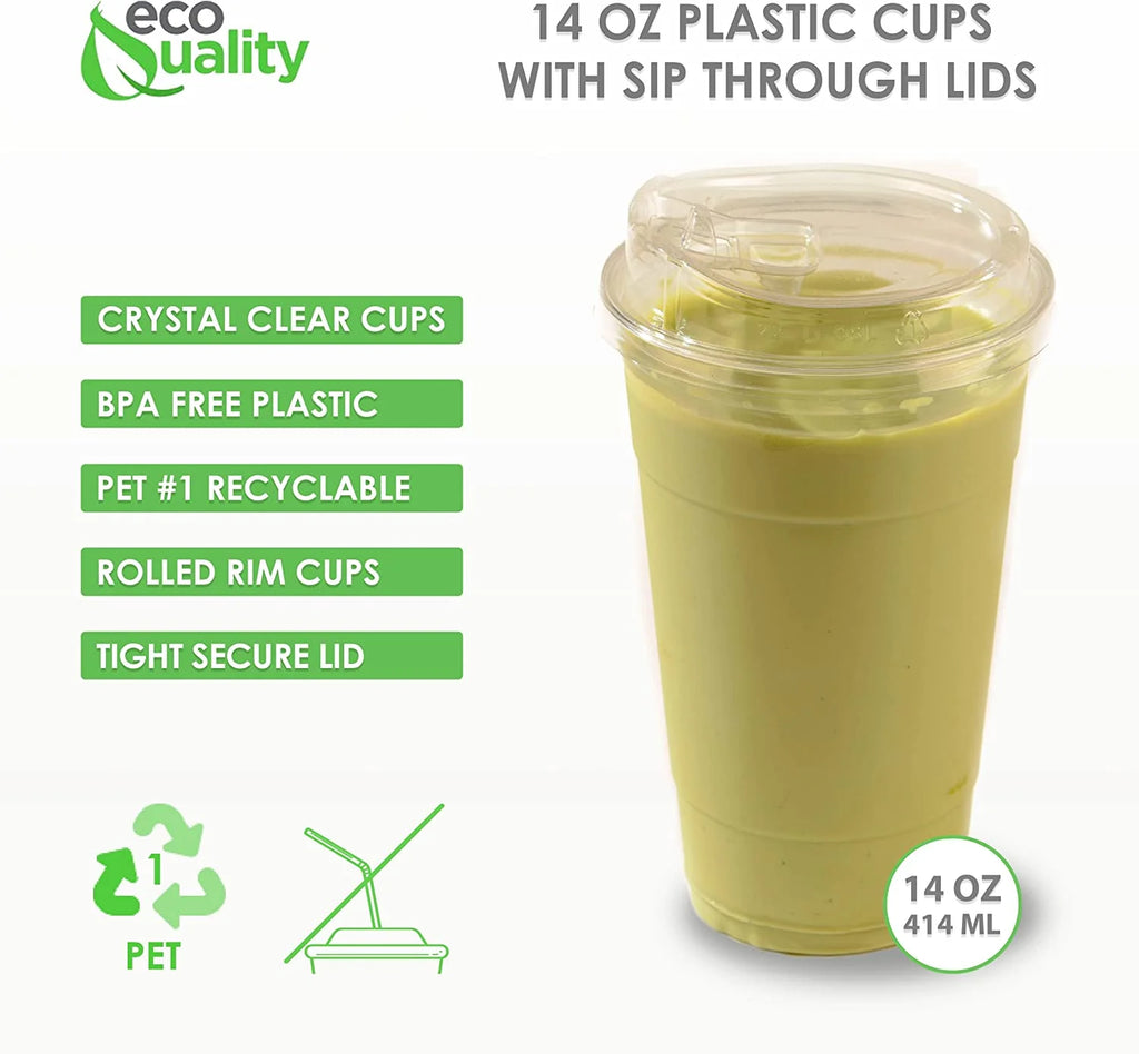 14 oz Clear Plastic Disposable Cups with Sip Through Lids E86416
