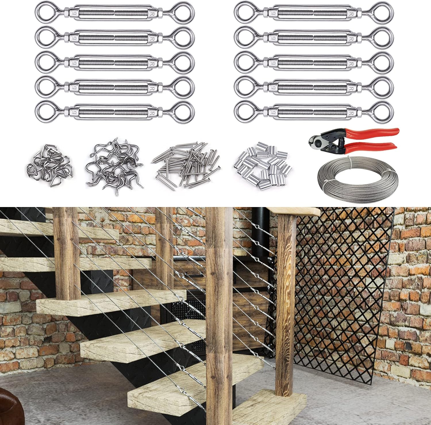 1/8 Cable Railing Kit Hardware Turnbuckle M5 Eye to Eye with 165Ft Wire Rope Stainless Steel Angle Adjustable 10 Cable Lines C652672